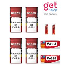 Sparset Break Tabak Original Rot Dose. Vier rote Dosen mit weißem Break Logo, West Red Extra Hülsen und Feuerzeuge.
