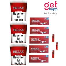 Sparset Break Tabak Original Rot Giga Box. Drei  große rote Eimer mit weißem Break Logo, Hülsen und Feuerzeuge.