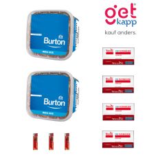 Sparset Tabak Burton Volume Mega Box Blau M. Zwei blaue Eimer mit Winston Extra Hülsen und Feuerzeuge.
