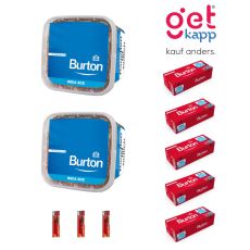 Sparset Tabak Burton Volume Mega Box Blau. Zwei blaue Eimer mit Burton Hülsen und Feuerzeuge.