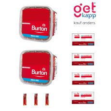 Sparset Tabak Burton Original Full Flavor Rot M. Zwei rote Eimer mit Winston Extra Hülsen und Feuerzeuge.