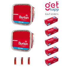 Sparset Tabak Burton Original Full Flavor Rot M. Zwei rote Eimer mit Burton Hülsen und Feuerzeuge.