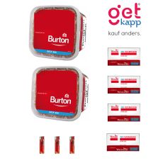 Sparset Tabak Burton Original Full Flavor Rot L. Zwei rote Eimer mit Winston Extra Hülsen und Feuerzeuge.