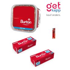 Sparset Tabak Burton Original Full Flavor Rot. Ein roter Eimer mit Burton Hülsen und Feuerzeug.