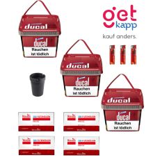 Sparset Tabak Ducal Volume L. Drei rote Eimer mit Winston Hülsen, Ascher und Feuerzeuge.