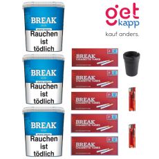Sparset Break Tabak Blau 215g Giga Box. Drei große blaue Eimer mit weißem Break Logo, Hülsen, Ascher und Feuerzeuge.