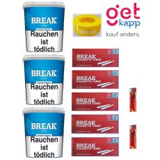 Sparset Break Tabak Blau 215g Giga Box. Drei große blaue Eimer mit weißem Break Logo, Hülsen, Ascher und Feuerzeuge.