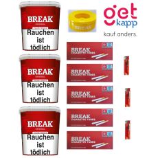Sparset Break Tabak Original Rot 215g Giga Box. Drei große rote Eimer mit weißem Break Logo, Hülsen, Ascher und Feuerzeuge.