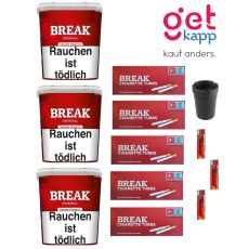 Sparset Break Tabak Original Rot 215g Giga Box. Drei große rote Eimer mit weißem Break Logo, Hülsen, Ascher und Feuerzeuge.