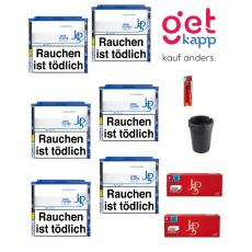 Sparset Tabak JPS Blau M 6er 45g. Sechs weiß-blaue Dosen mit blauem JPS Logo, Hülsen, Ascher und Feuerzeug.