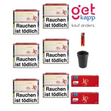 Sparset Tabak JPS Just Red M 6er 45g. Sechs beige-rote Dosen mit rotem JPS Logo, Hülsen, Ascher und Feuerzeug.