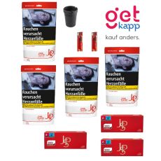 Sparset Tabak JPS Rot 100g Beutel. Vier weiß-rote Zip-Bags mit rotem JPS Logo, Hülsen, Ascher und Feuerzeugen.