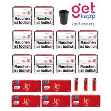 Sparset Tabak JPS Rot M 10er 38g. Zehn weiß-rote Dosen mit rotem JPS Logo, Hülsen, Ascher und Feuerzeugen.