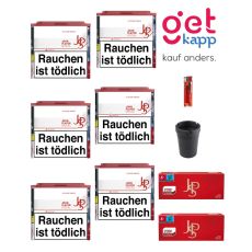 Sparset Tabak JPS rot M 6er 45g. Sechs weiß-rote Dosen mit rotem JPS Logo, Hülsen, Ascher und Feuerzeug.