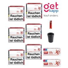 Sparset Tabak JPS rot M 6er 45g. Sechs weiß-rote Dosen mit rotem JPS Logo, Hülsen, Ascher und Feuerzeug.