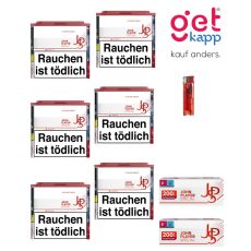 Sparset Tabak JPS rot M 6er. Sechs weiß-rote Dosen mit rotem JPS Logo, Hülsen und Feuerzeug.