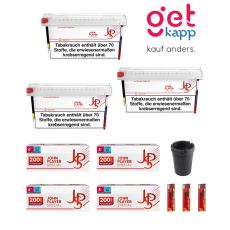 Sparset Tabak JPS Rot 125g Mega Box. Drei weiß-rote Eimer mit rotem JPS Logo, Hülsen, Ascher und Feuerzeugen.