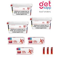 Sparset Tabak JPS Rot Mega Box. Drei weiß-rote Eimer mit rotem JPS Logo, JPS 250 Hülsen und Feuerzeuge.