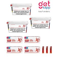 Sparset Tabak JPS Rot Mega Box. Drei weiß-rote Eimer mit rotem JPS Logo, Hülsen und Feuerzeuge.