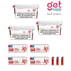 Sparset Tabak JPS Rot 125g Mega Box. Drei weiß-rote Eimer mit rotem JPS Logo, Hülsen, Ascher und Feuerzeugen.