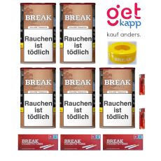 Sparset Break Tabak Authentic 65g Dose. Fünf hellbraune Dosen mit weißem Break Logo, Hülsen, Aschenbecher und Feuerzeuge.