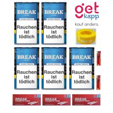 Sparset Break Tabak Blau 65g Dose. Fünf blaue Dosen mit weißem Break Logo, Hülsen, Aschenbecher und Feuerzeuge.