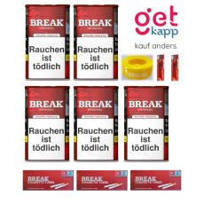 Sparset Break Tabak Original Rot 65g Dose. Fünf rote Dosen mit weißem Break Logo, Hülsen, Ascher und Feuerzeuge.