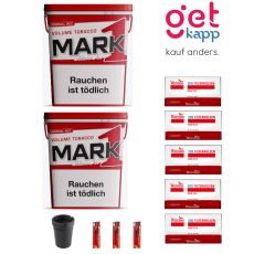 Sparset L Mark Adams Tabak XXXL-Box. Zwei rote-weiße Eimer mit schwarz-rotem Mark 1 Logo, Winston Hülsen, Ascher und Feuerzeuge.