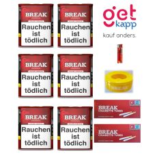 Sparset Break Tabak Original Rot 53g Dose. Sechs rote Dosen mit weißem Break Logo, Hülsen, Ascher und Feuerzeug.