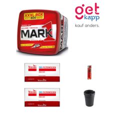 Sparset M Mark Adams Tabak XXXL-Box. Roter Eimer mit schwarz-rotem Mark 1 Logo, zwei Winston Hülsen, Ascher und Feuerzeuge.