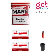 Sparset M Mark Adams Tabak XXXL-Box. Ein rot-weißer Eimer mit schwarz-rotem Mark 1 Logo, Winston Hülsen, Ascher und Feuerzeug.