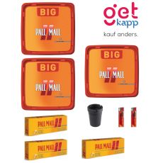 Sparset Tabak Pall Mall Allround Big Box. Drei orange-rote Eimer mit Pall Mall Logo mit Hülsen, Ascher und Feuerzeuge.