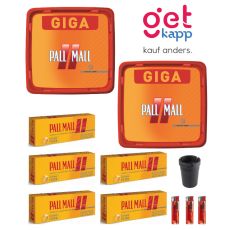 Sparset Tabak Pall Mall Allround Giga Box. Zwei große orange-rote Eimer mit Pall Mall Logo, Hülsen, Ascher und Feuerzeuge.