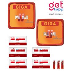 Sparset Tabak Pall Mall Allround Giga Box. Zwei große orange-rote Eimer mit Pall Mall Logo, Hülsen Winston und Feuerzeuge.
