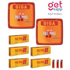 Sparset Tabak Pall Mall Allround Giga Box. Zwei große orange-rote Eimer mit Pall Mall Logo, Hülsen und Feuerzeuge.