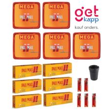 Sparset Tabak Pall Mall Allround Mega Box. Fünf orange-rote Eimer mit Pall Mall Logo mit Hülsen, Ascher und Feuerzeuge.