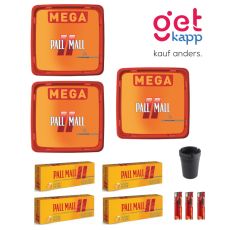 Sparset Tabak Pall Mall Allround Mega Box. Drei orange-rote Eimer mit Pall Mall Logo mit Hülsen, Ascher und Feuerzeuge.