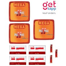 Sparset Tabak Pall Mall Allround Mega Box. Drei orange-rote Eimer mit Pall Mall Logo mit Winston Hülsen und Feuerzeuge.