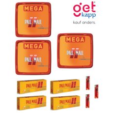 Sparset Tabak Pall Mall Allround Mega Box. Drei orange-rote Eimer mit Pall Mall Logo mit Hülsen und Feuerzeuge.