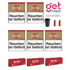 Sparset Angebot 5 x Pall Mall Authentic Rot/Red XL Dose 55g ohne Zusätze Volumentabak Ceka Can, 3 x Pall Mall Rot/Red 200 Xtra Filterhülsen, 2 x Feuerzeug Einweg, 1 x Autoaschenbecher
