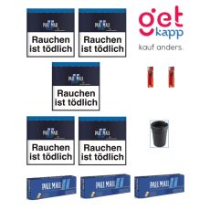 Sparset Tabak Pall Mall Blau Dose. Fünf blaue Dosen mit blauem Pausezeichen, Pall Mall Hülsen, Ascher und Feuerzeuge.