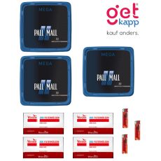 Sparset Tabak Pall Mall Blau Mega Box. Drei blaue Eimer mit Pall Mall Logo mit Winston Hülsen und Feuerzeuge.