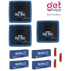 Sparset Tabak Pall Mall Blau Mega Box. Drei blaue Eimer mit Pall Mall Logo mit Pall Mall Hülsen und Feuerzeuge.