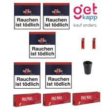 Sparset Tabak Pall Mall Rot XL Dose. Fünf blaue Dosen mit rotem Pausezeichen, Pall Mall Hülsen, Ascher und Feuerzeuge.