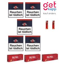 Sparset Tabak Pall Mall Rot XL Dose. Fünf blaue Dosen mit rotem Pausezeichen, Pall Mall Hülsen und Feuerzeuge.