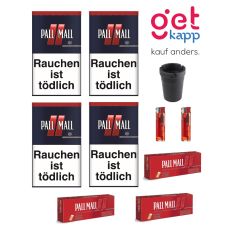 Sparset Tabak Pall Mall Rot XXL Dose. Vier große blaue Dosen mit rotem Pausezeichen, Pall Mall Hülsen, Ascher und Feuerzeuge.