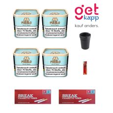 Sparset Tabak Pueblo Blue. Vier blaue Dosen mit beigem Rand, Break Hülsen, Ascher und Feuerzeug.