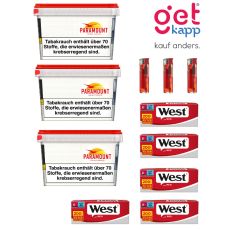 Sparset Tabak Paramount 165g Mega Box Eimer. Drei weiße Eimer mit Paramont Logo mit West Hülsen, Ascher und Feuerzeug.