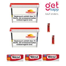 Sparset Tabak Paramount 165g Mega Box. Zwei weiße Eimer mit Paramont Logo mit West Hülsen, Ascher und Feuerzeugen.