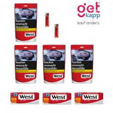Sparset Tabak West Red M Beutel. Vier rot-graue Beutel mit West Logo, West Red 200 Hülsen und Feuerzeuge.